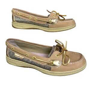Sperry Angelfish Boat Shoes Women 7.5M Leather Tan Gold Metallic Panel Slip-Ons